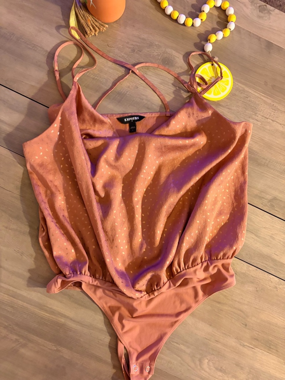 Express Woman's Rust Orange Metallic Dot One-Piece Bodysuit